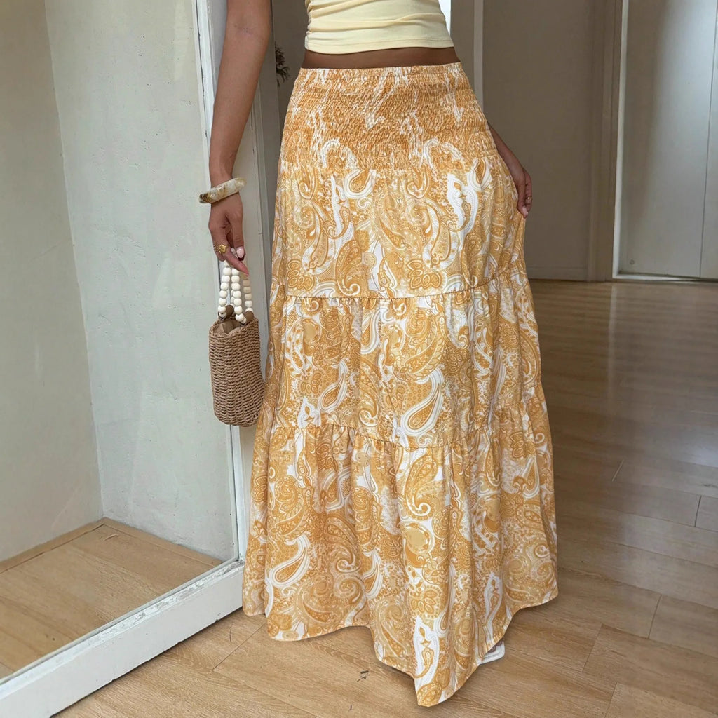 Bohemian Print Elastic Waist A-Line Midi Skirt