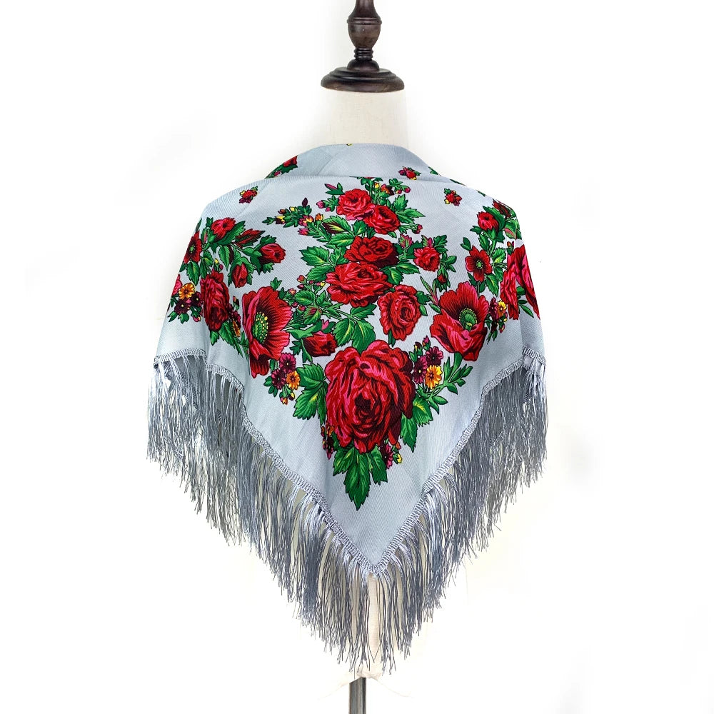 Russian Square Scarf Women Luxury Floral Print Fringed Bandana Scarves Pareo Lady Headband Scarves Babushka Head Wraps