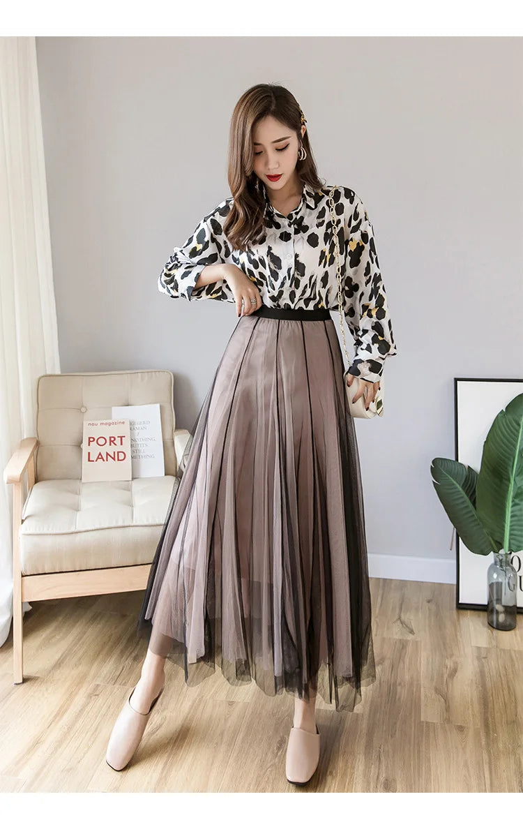 Vintage 100cm Long Tulle Maxi Skirt for Women Korean Style High Waist Elastic Mesh Pleated Tutu Skirt Female Jupe Longue