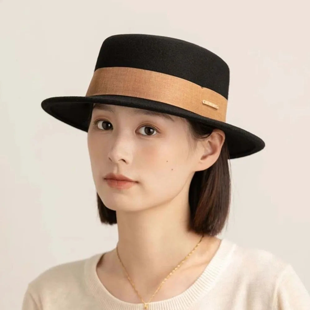 Women's Elegant Woolen Formal Hat Autumn and Winter Black Vintage Lady British Style Flat Top Hat Stage Accessories