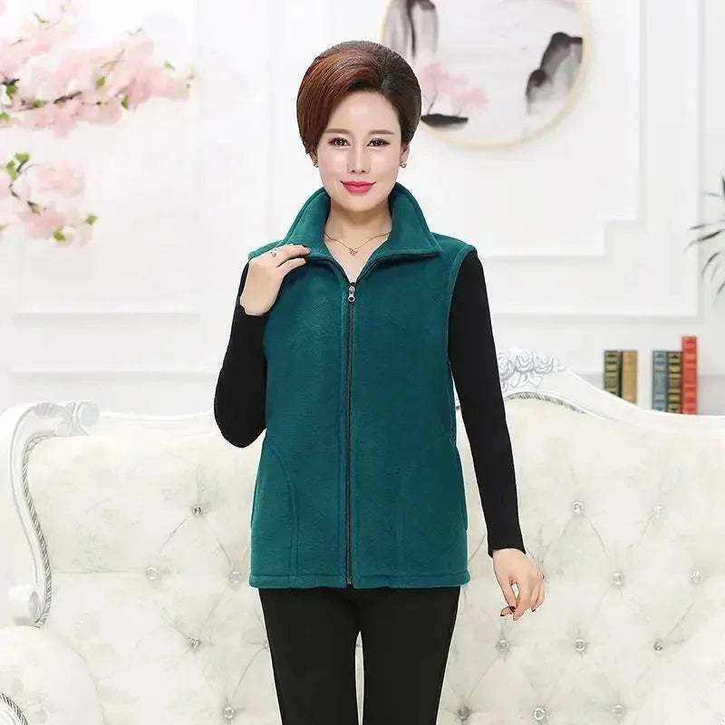 Spring Autumn Women Vest Jacket Middle-Aged Casual Solid Sleeveless Gilet Femme Pocket Short Waistcoat