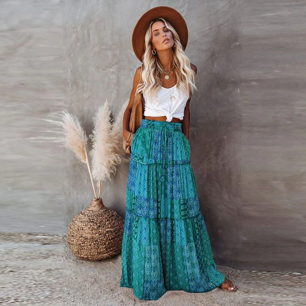 Floral Pocket Belted Pleated Maxi Skirt