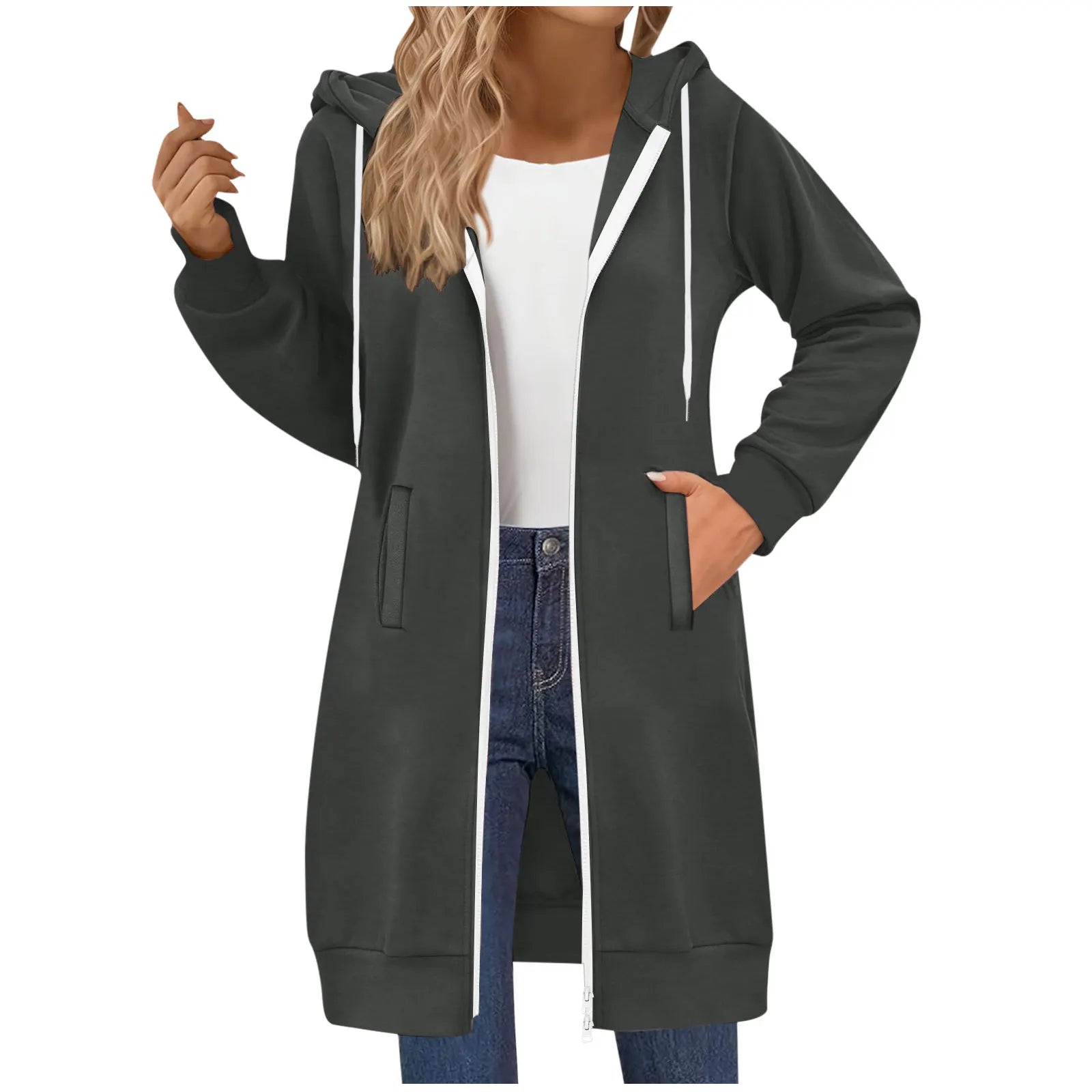 Women's Clothing Long Sweatshirt Casual Versatile Drawstring Long Sleeve Hooded Jacket with Pockets