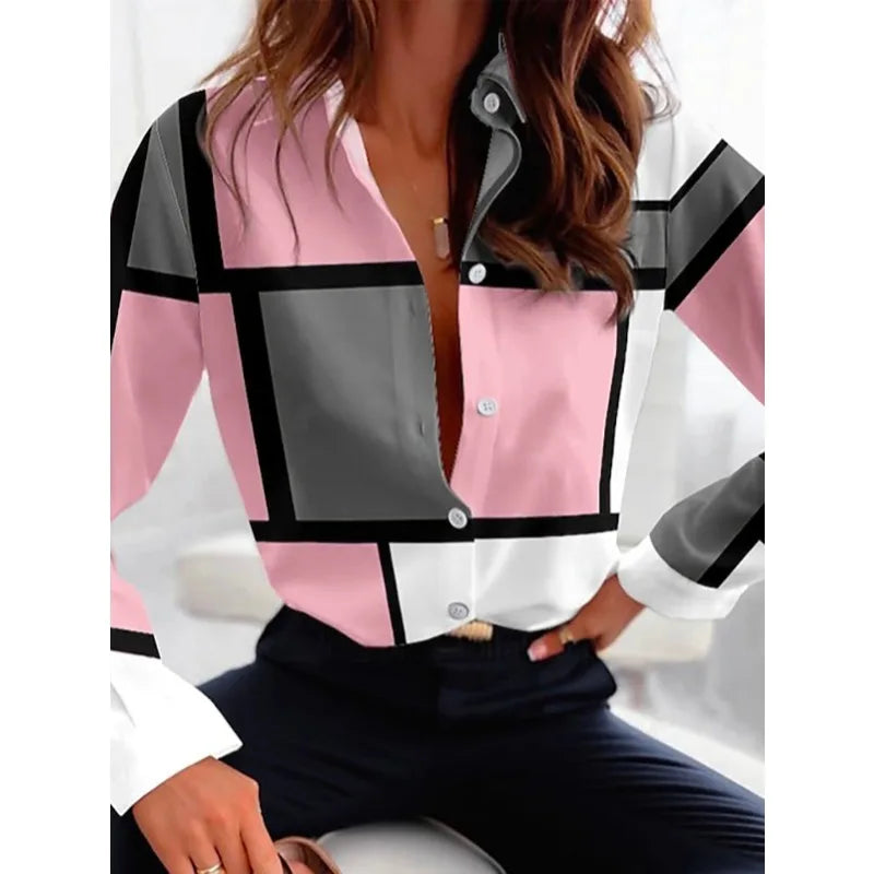 Women's Fashion Contrast Color Geometric Printed Lapel Shirt Long Sleeves Loose Fit Urban Casual Office Blouses