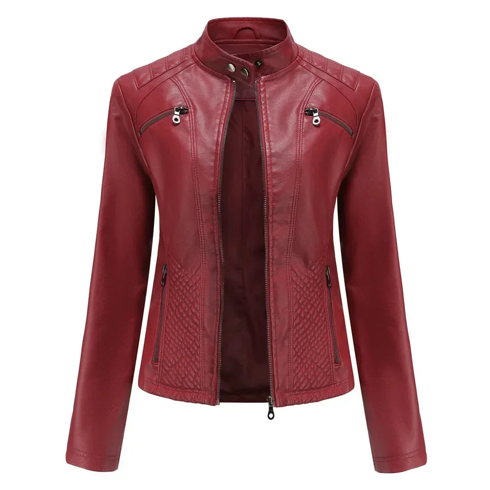 Women coat Autumn New Casual Leather Jacket Standing Collar Long Sleeve Jacket Slim Solid Color Coat Streetwear Zipper Jacket