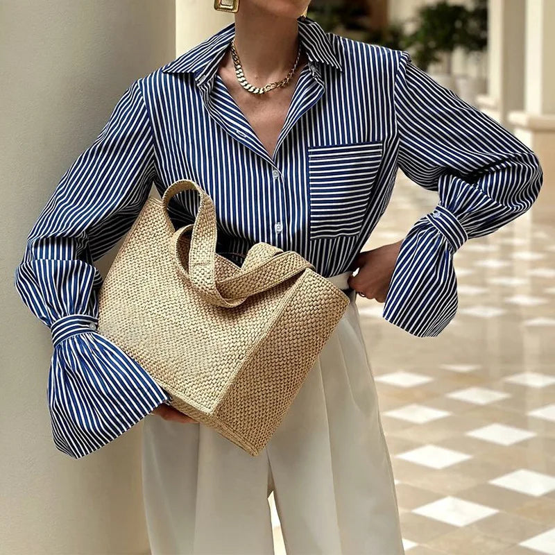 Women's Spring and Summer New Women's Fashion Temperament Striped Printed Lapel Shirt