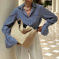 Women's Spring and Summer New Women's Fashion Temperament Striped Printed Lapel Shirt