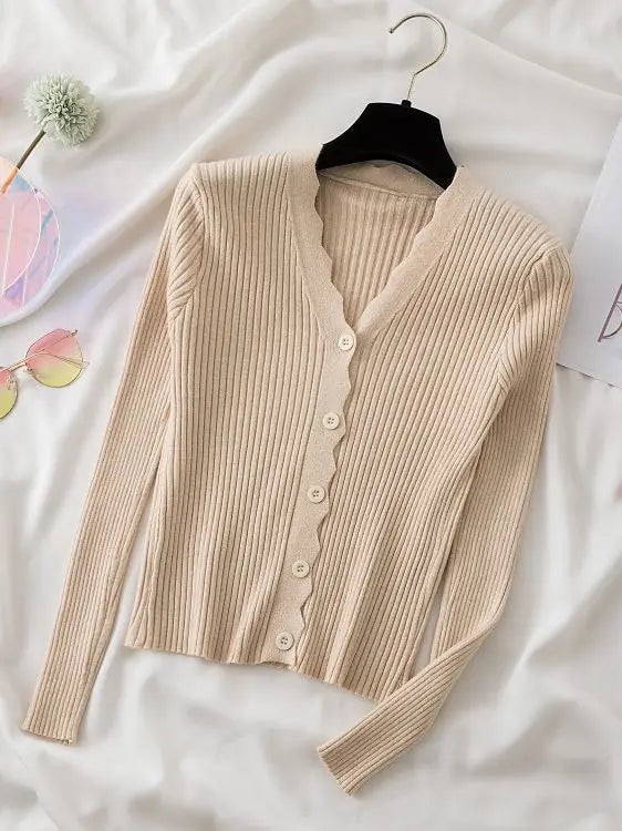 Sweater Knitted Cardigan Button Jacket 2023 Autumn Winter V-neck Long Sleeve Casual Tops For Women Sweater Green