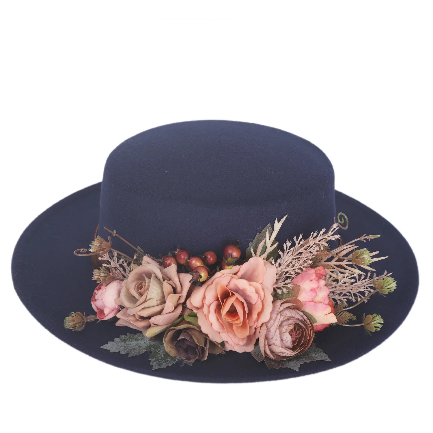 Fedora Hats Women's Flower flat cap Fashion Autumn Winter Warm Flat Top Basin Hats British Vintage Top Hats