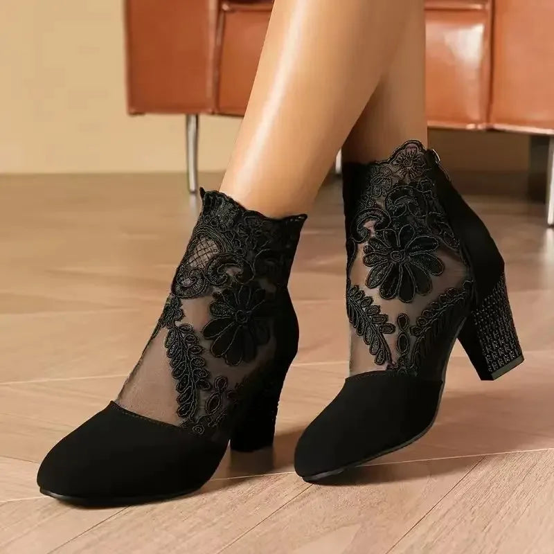 Women Spring Summer Boots Trend Plus Size Shoes Ladies Lace Outdoor Fashion Boots Female High Heels Round Toe Ankle Boots Women