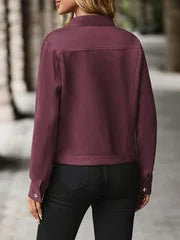 Plus-Size Women's Solid Color Elegant Long-Sleeve Button-Up Jacket - Soft Stretch Faux Suede Fabric, Stand-Up Collar with Chest Pockets