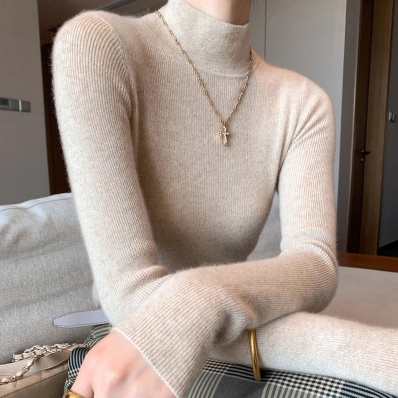 2026 Women's Slim Fit Long Sleeve Base Pullover Knitted Solid Color Turtleneck Sweater French Versatile Autumn Winter Warm Tops