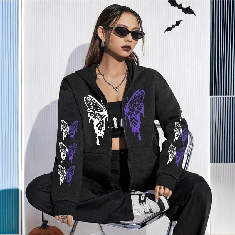 Butterfly Print Y2K Zip-Up Hoodie
