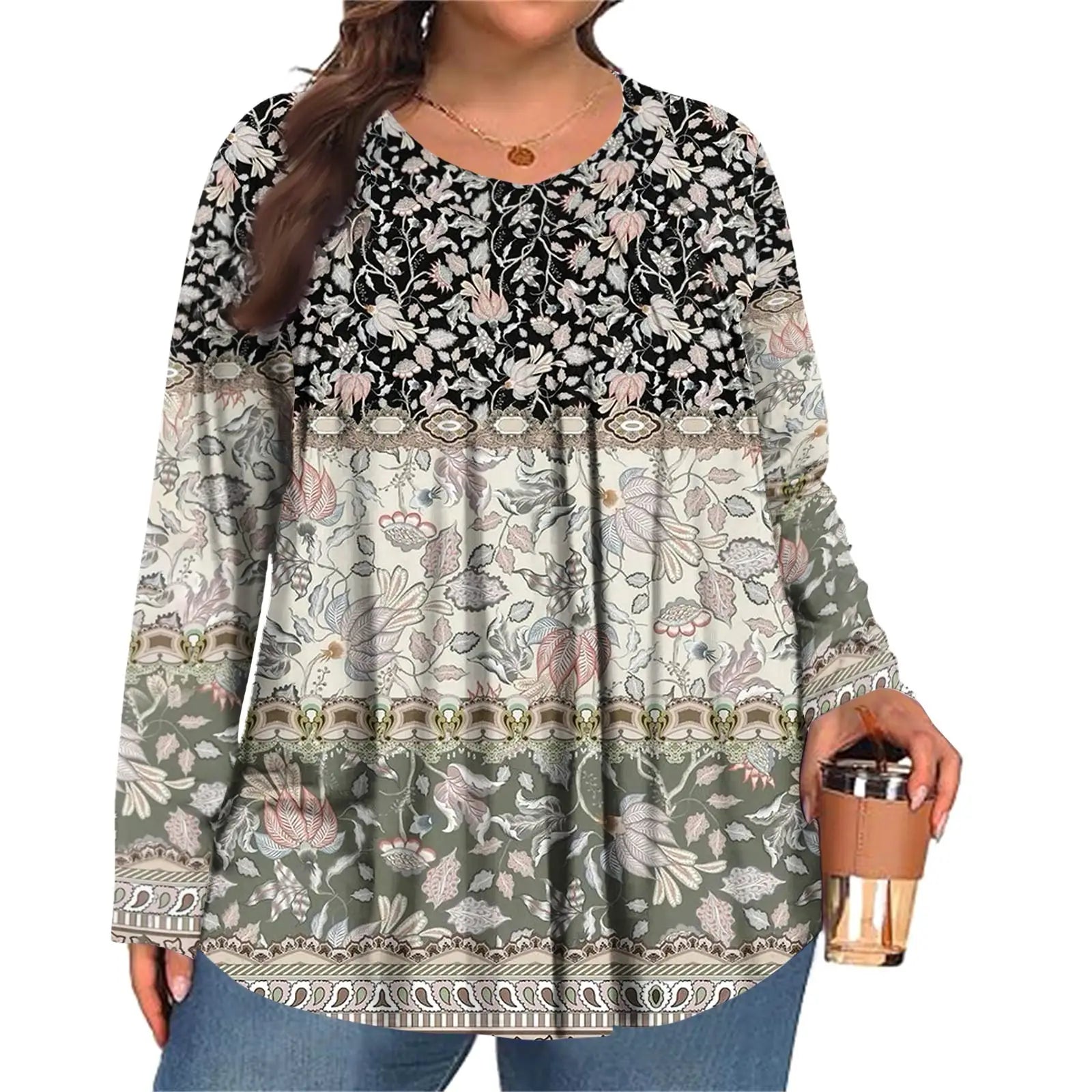 Plus Size Long Sleeve Top for Women Fashion Retro Floral Print Pleated Round Neck T-shirt Female Casual Autumn Base Shirt
