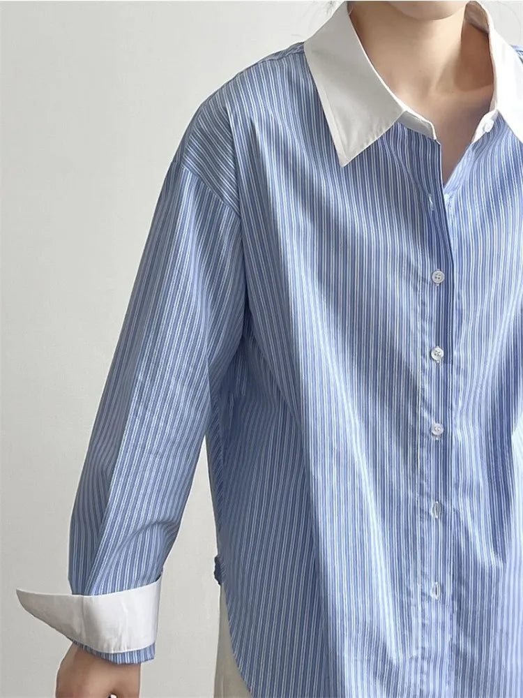French Blue & White Striped Shirt for Women Spring New Loose Elegant Blouse Fashion Temperament Versatile Women's Shirt