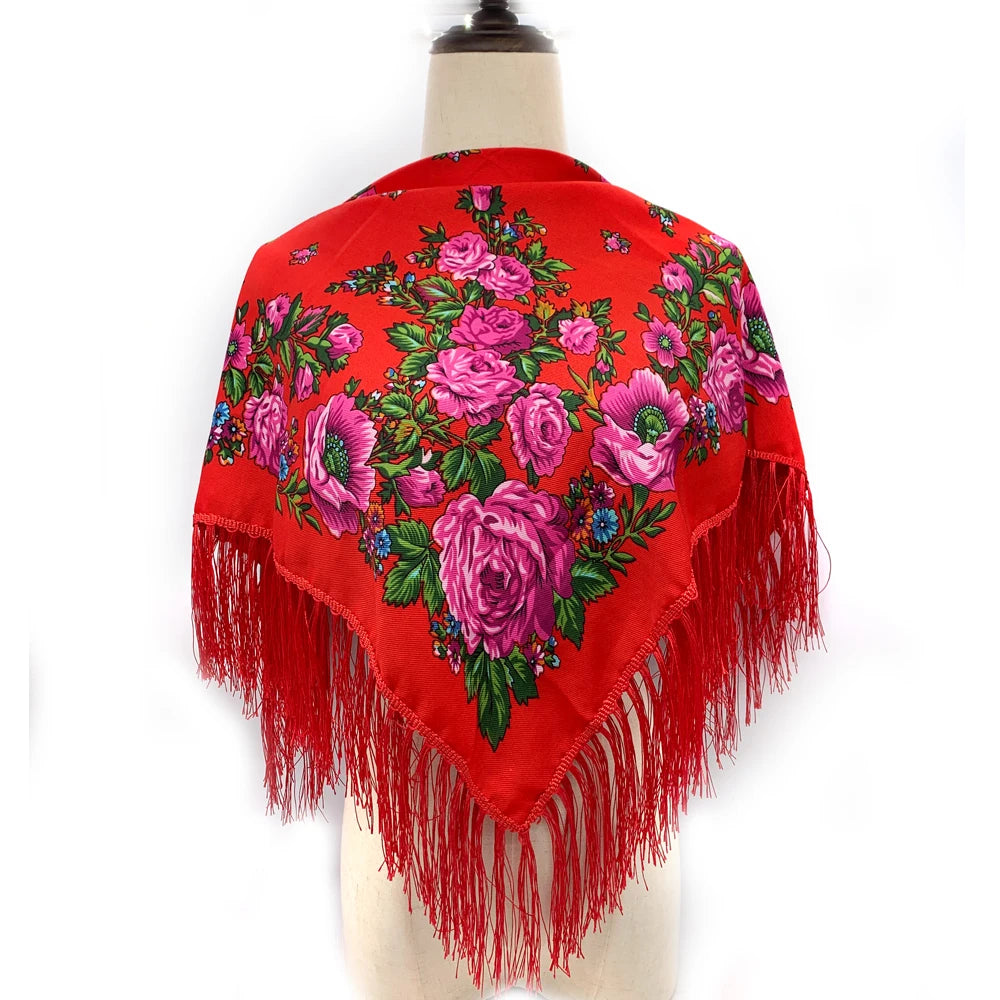 Russian Square Scarf Women Luxury Floral Print Fringed Bandana Scarves Pareo Lady Headband Scarves Babushka Head Wraps