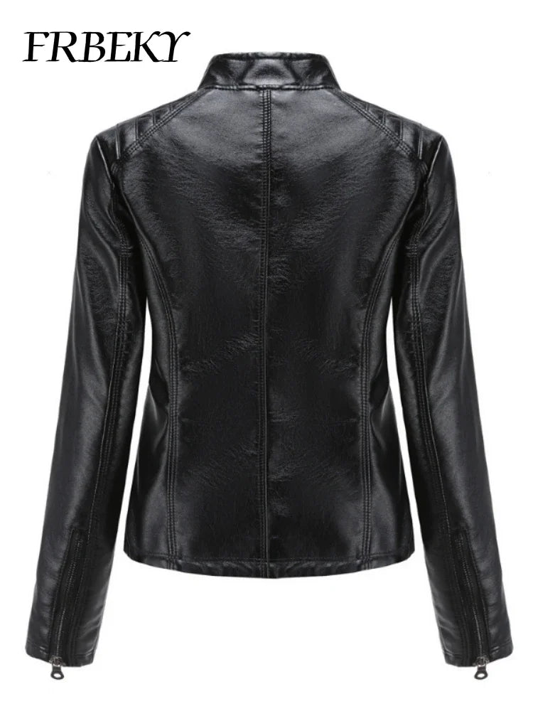 Women coat Autumn New Casual Leather Jacket Standing Collar Long Sleeve Jacket Slim Solid Color Coat Streetwear Zipper Jacket