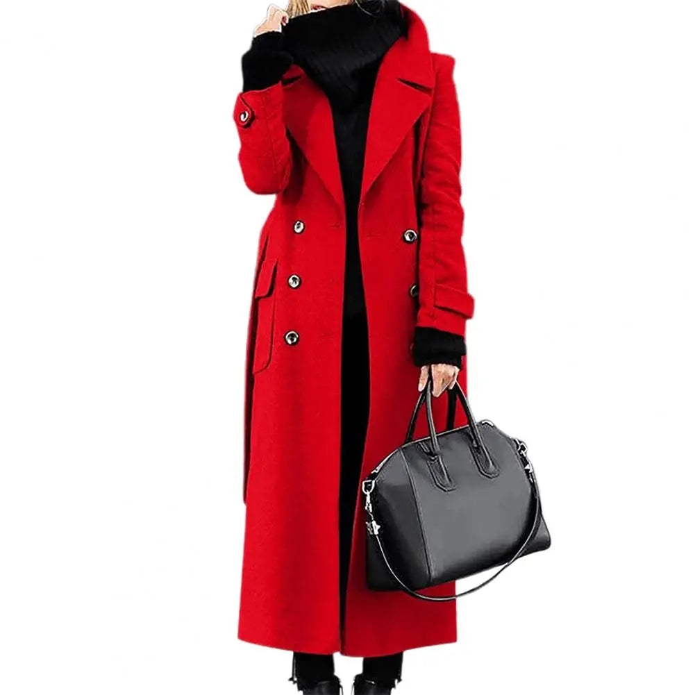 Women Woollen Overcoat Double-breasted Mid-calf Length Long Sleeves Jacket Slim OL Formal Coat