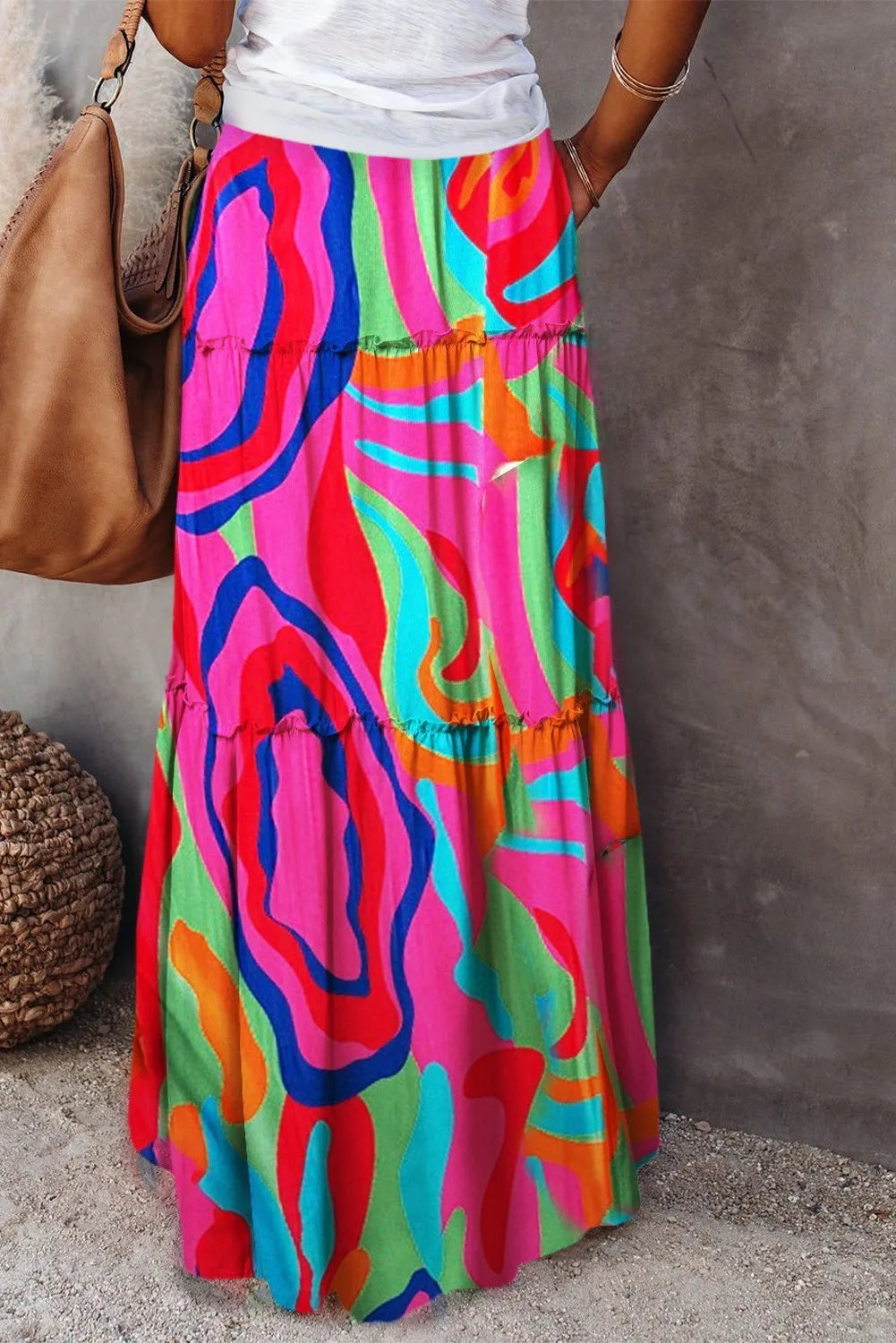 Floral Pocket Belted Pleated Maxi Skirt