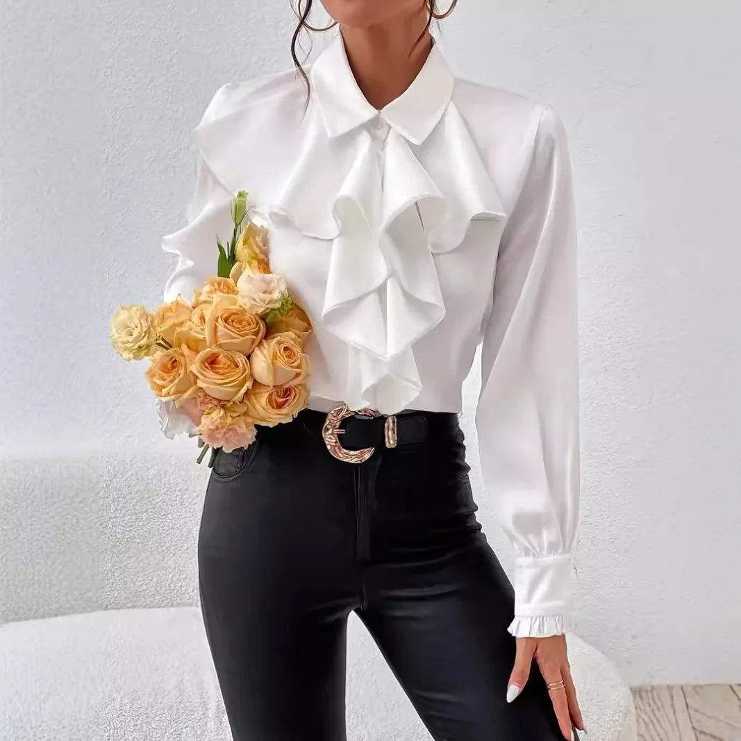 Autumn Fashion Ruffled Collar Solid Color Long Sleeve Shirt for Women Tops Satin-Like Button-Down Elegant Blouse