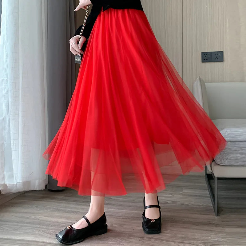 Mesh Skirt 2025 Spring Summer New Style for Women Fashion High Waist Mid-length Elastic Waist A-line Skirt Princess Long Skirt