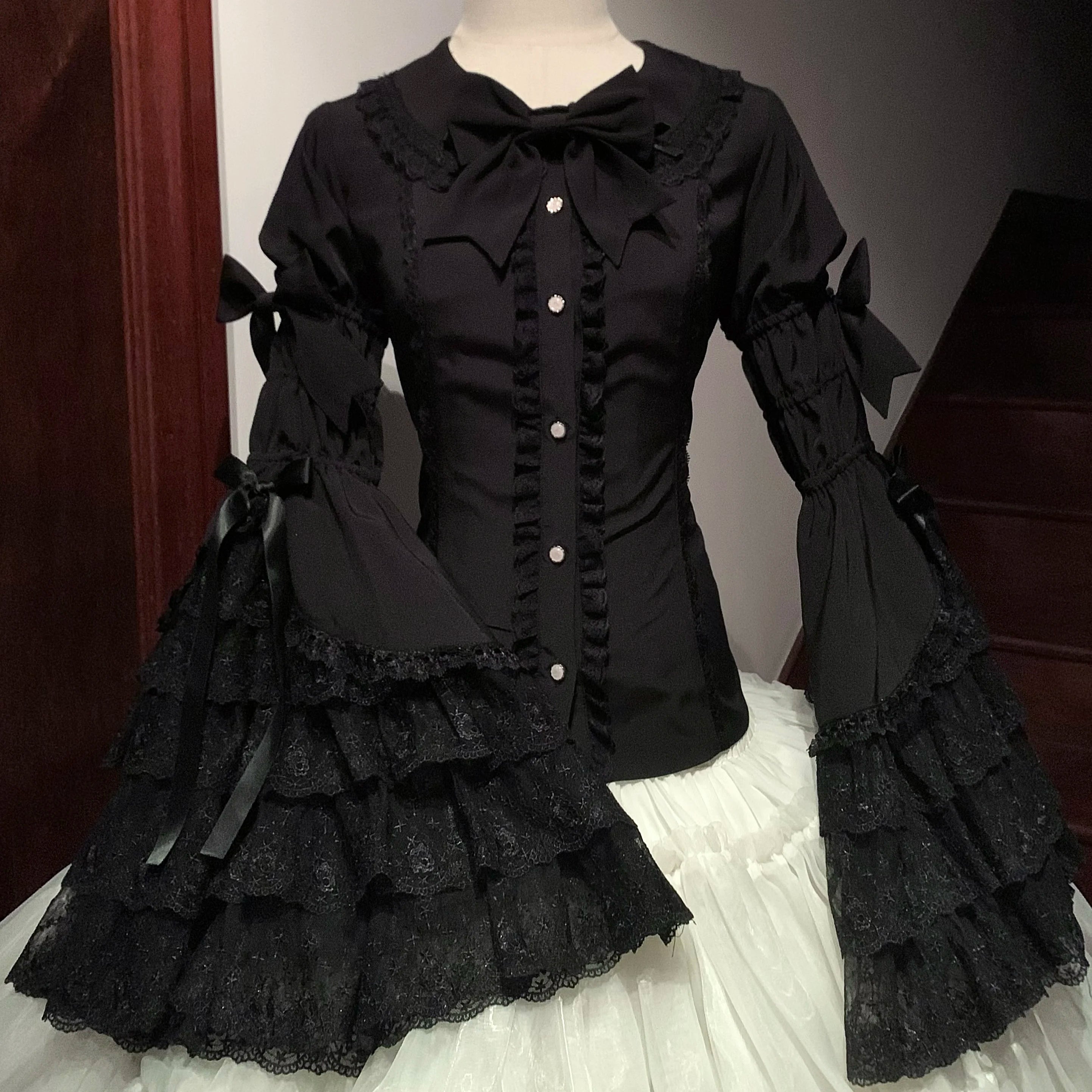 Long Sleeve Tops Spring Autumn Long Sleeve Solid Color Shirts with Mint Doll Collar and Bowknot Single-Breasted Blouse for Women
