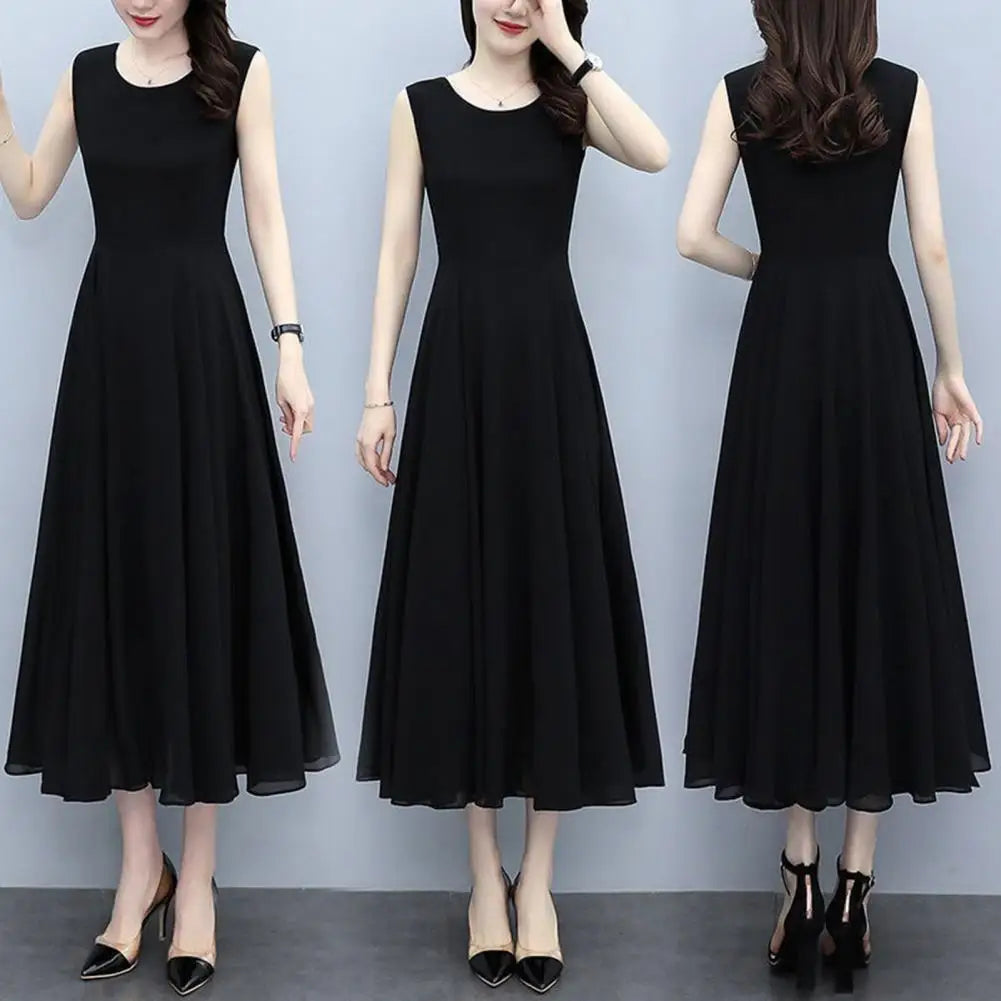 Women Sleeveless Midi Dress Summer Crew Neck Flowy Long Dress Beach Casual Pleated Swing Tank Dress