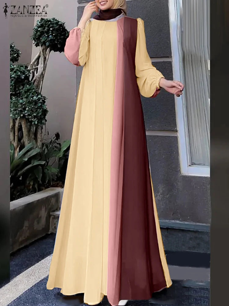 ZANZEA Elegant Women Long Sleeve Contrast Color Robe Maxi Dress Muslim Abaya Hijab Dresses Pleated Vestidos Eid Mubarek Sundress