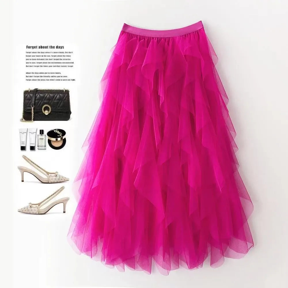 2025 New Fashion Tutu Tulle Skirt Women Long Maxi Skirt Spring Summer Korean Black Pink High Waist Pleated Skirt Female One Size