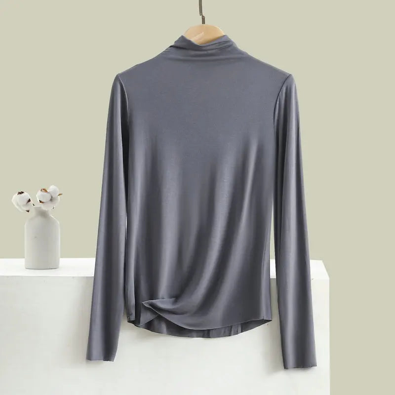 Women Autumn Bottoming Tshirt Long sleeves Mockneck Seamless T-shirt wear inside winter Tee Tops All match