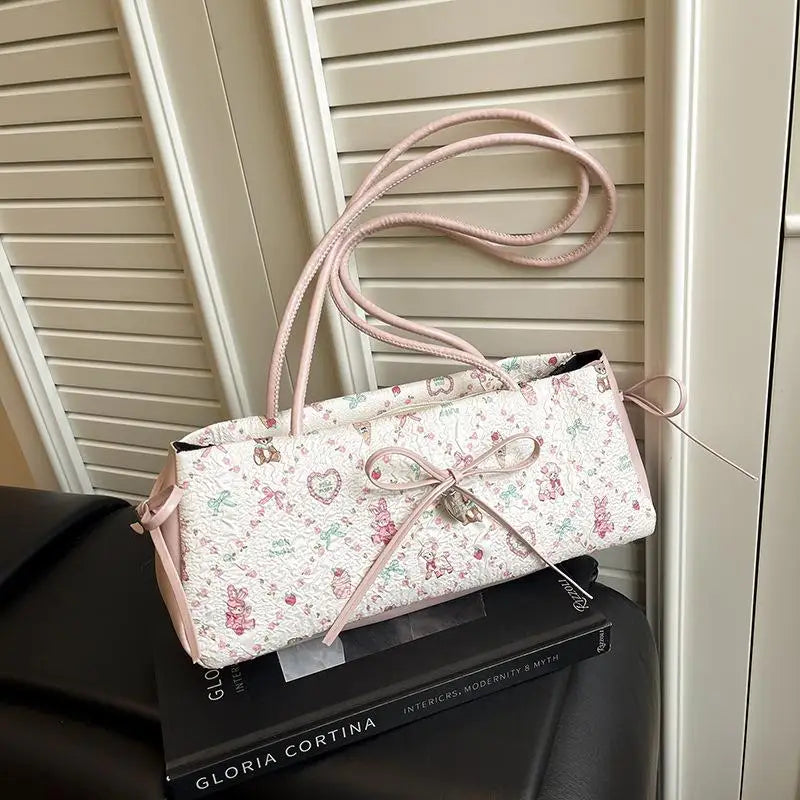 ●1Pcs Sweet Bow Shoulder Bag Cartoon Print Underarm Bag Female Tote Bag Large Capacity Commuter Handbag Holiday Gift