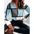 Women's Fashion Contrast Color Geometric Printed Lapel Shirt Long Sleeves Loose Fit Urban Casual Office Blouses