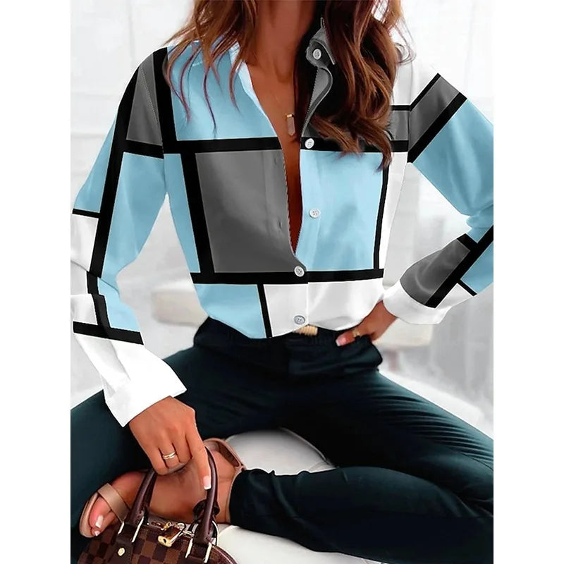 Women's Fashion Contrast Color Geometric Printed Lapel Shirt Long Sleeves Loose Fit Urban Casual Office Blouses