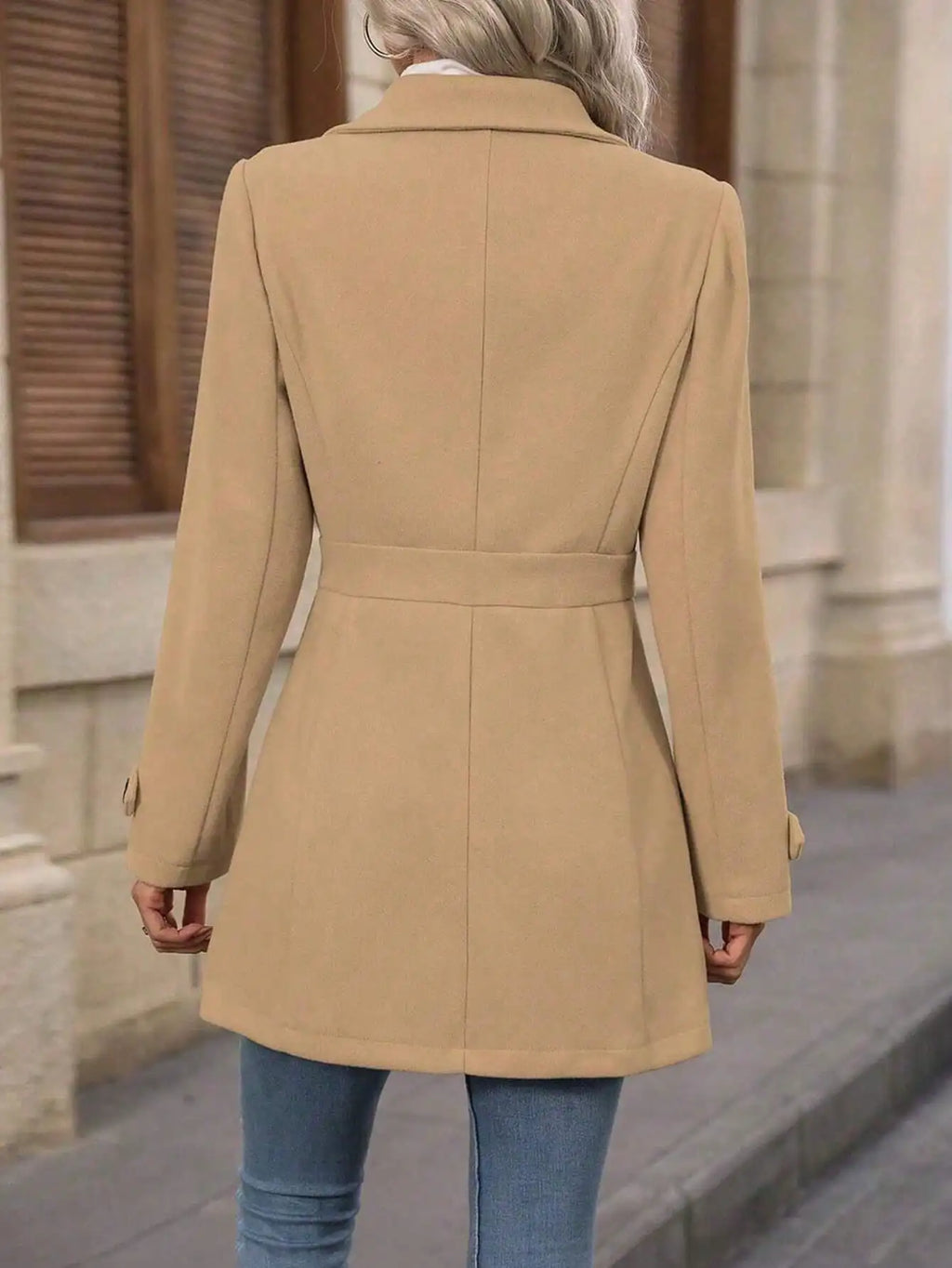 Plus-size Elegant Woolen Coat for Autumn and Winter - Lapel, Button Detail, Slim-Fitting