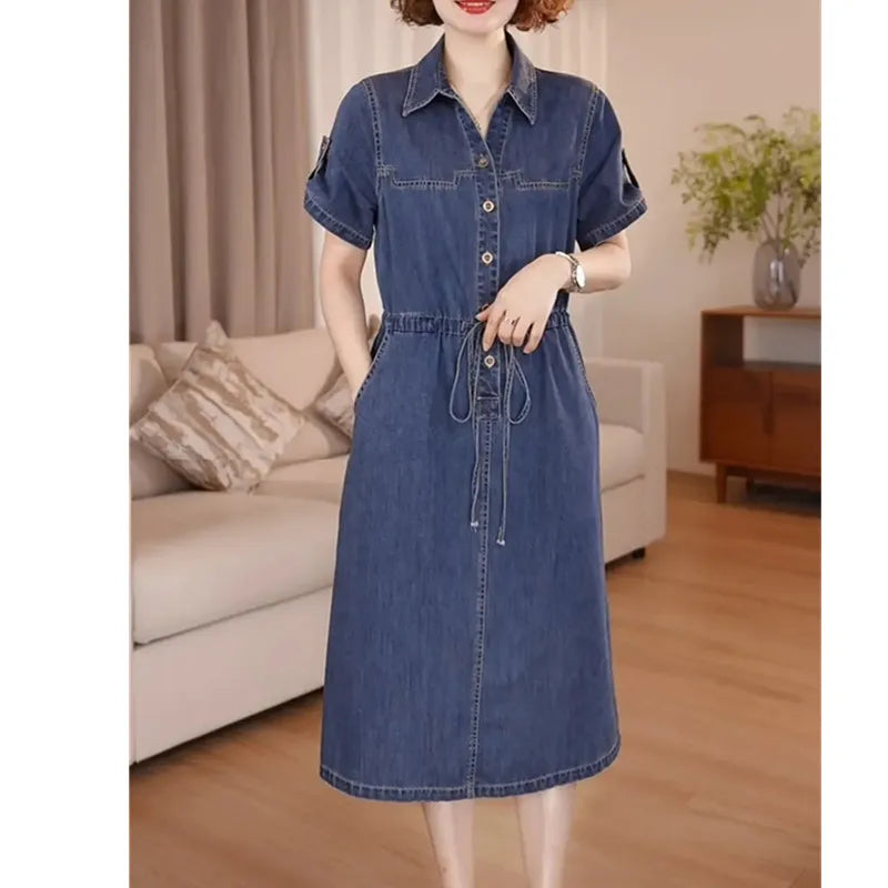 Denim Dress For women Summer 2025 New Female Single Breasted Short sleeved Slim Temperament Casual Dresses With pockets