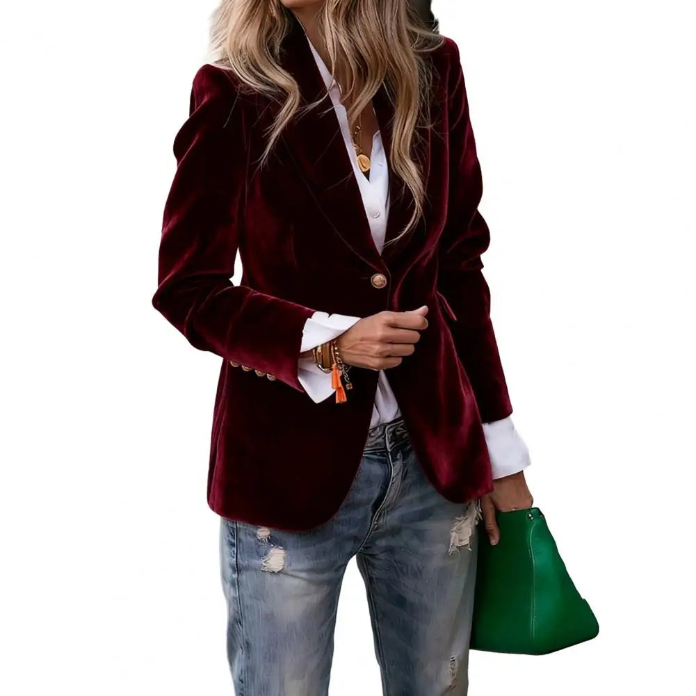 Elegant Velvet Blazer for Women Single Button Lapel Female Blazer Jacket Slim Fit Office Lady Outerwear Coat Spring Autumn Women
