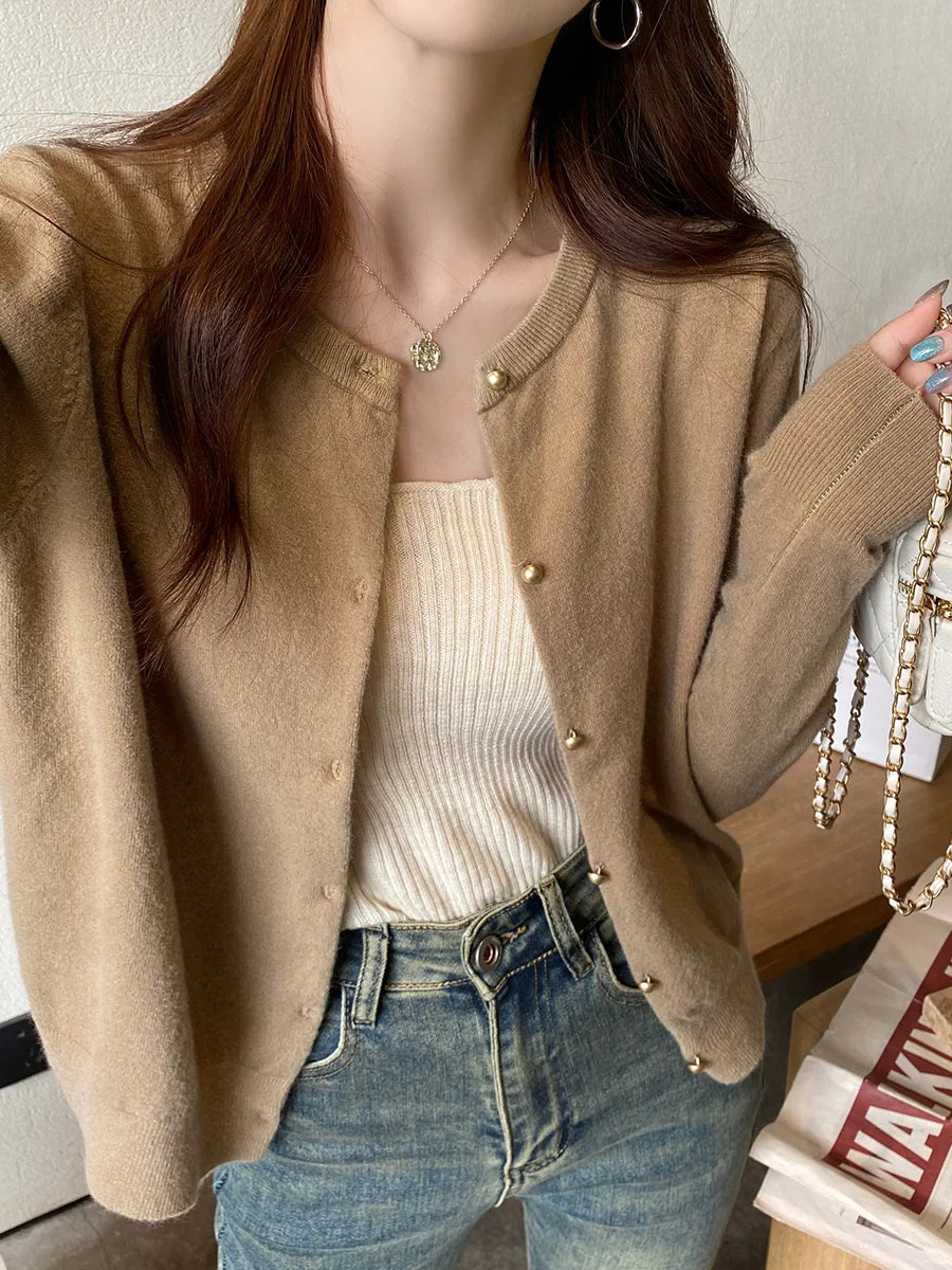Knitted Women Cardigans New Long Sleeve O-Neck Black Knit Cardigan Women Tops Knitwears Sueters De Mujer Q1054