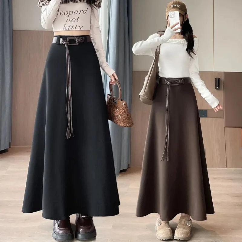 Women's Maxi Skirt High Waist with Belt A-Line Flared Hem