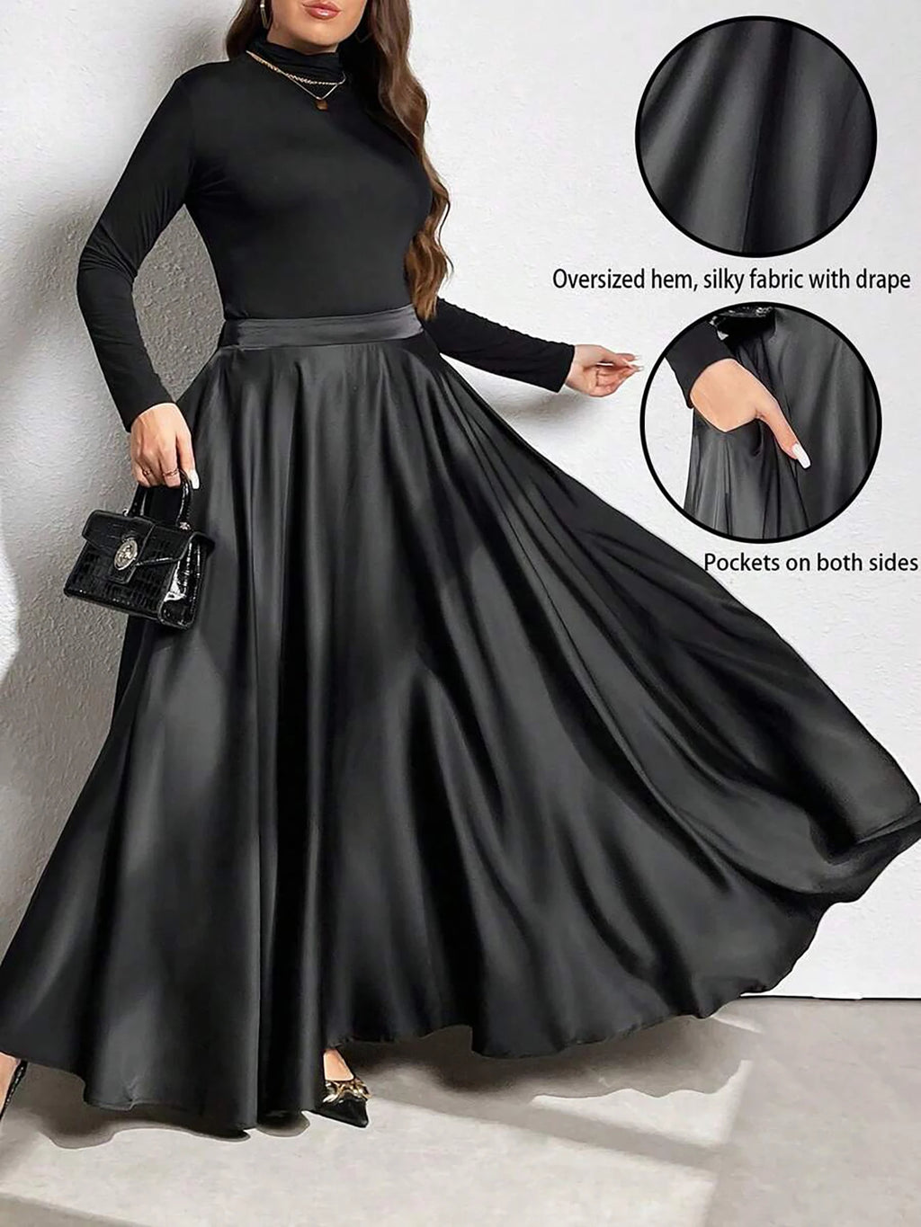 Plus-Size Women's Elegant Solid Color Flared Skirt, Elastic Waist at the Back, with Pockets, Suitable for All Seasons