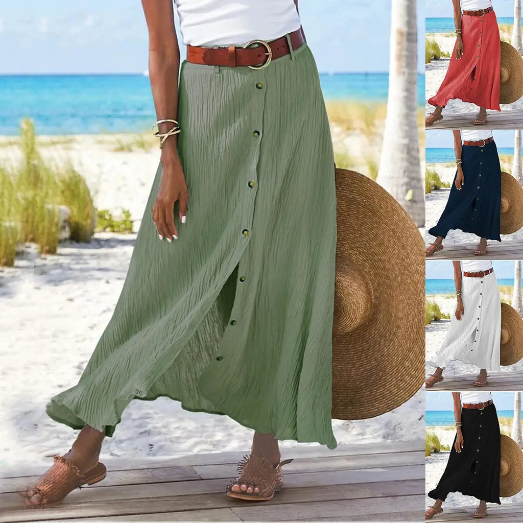 Cotton Linen Button-Front A-Line Maxi Skirt