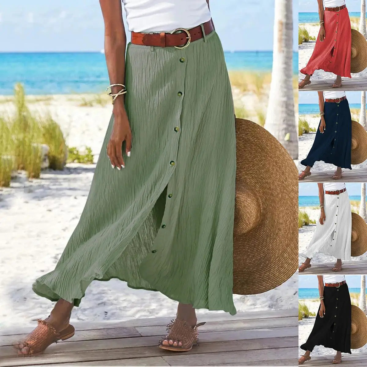 Cotton Linen Button-Front A-Line Maxi Skirt