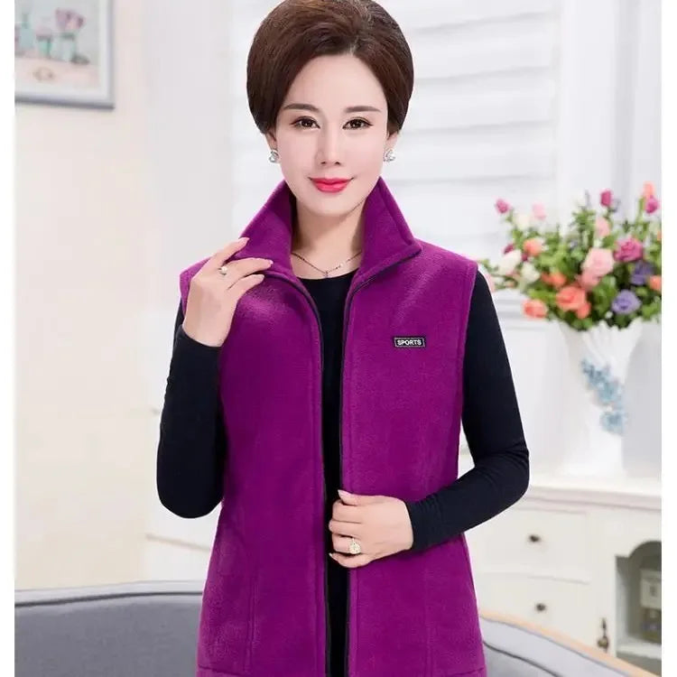 Spring Autumn Women Vest Jacket Middle-Aged Casual Solid Sleeveless Gilet Femme Pocket Short Waistcoat