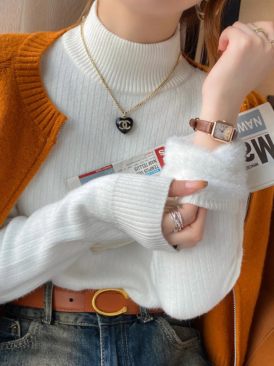 Women's Turtleneck Sweater Winter 2026 with Velvet Lining Thickened Inner Wear Thermal Knitting Bottoming Shirt Pullovers