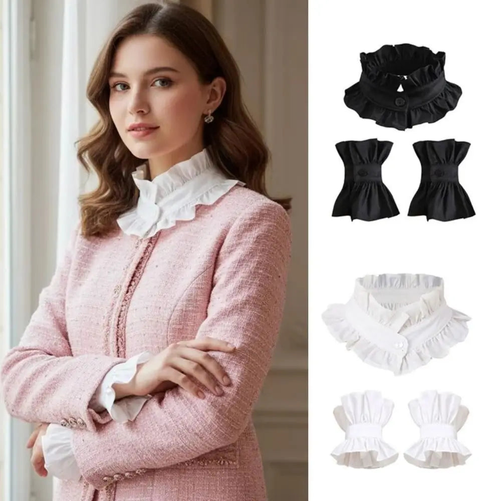 1 set French Style Fake Faux Collar Pleated Design Ruffled Edge Stand Collar Adjustable Feature Detachable Ruffled Sleeve