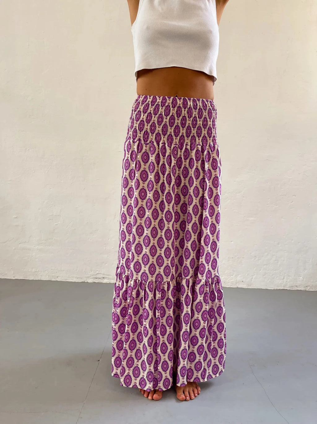 Elastic Waist Floral Print Boho Midi Skirt
