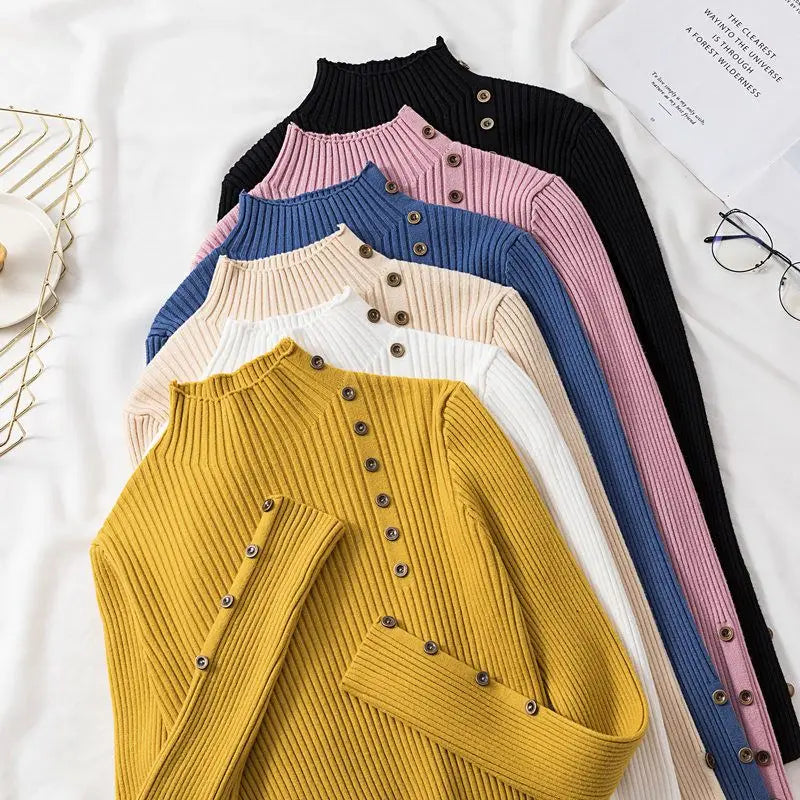 2026 Autumn Knitted Turtleneck Sweaters Women Solid Knitted Female Cotton Soft Elastic Color Slim Pullovers Button Full Sleeve