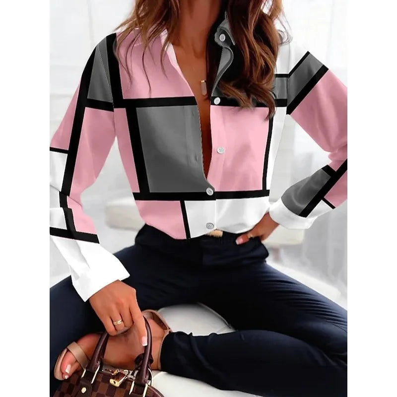 Women's Fashion Contrast Color Geometric Printed Lapel Shirt Long Sleeves Loose Fit Urban Casual Office Blouses