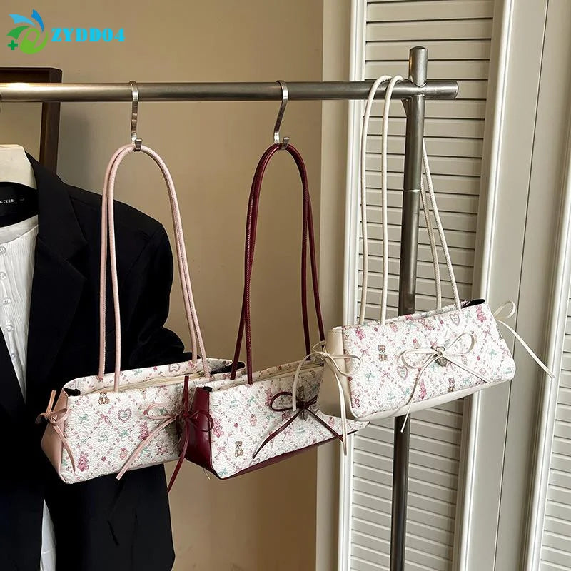 ●1Pcs Sweet Bow Shoulder Bag Cartoon Print Underarm Bag Female Tote Bag Large Capacity Commuter Handbag Holiday Gift