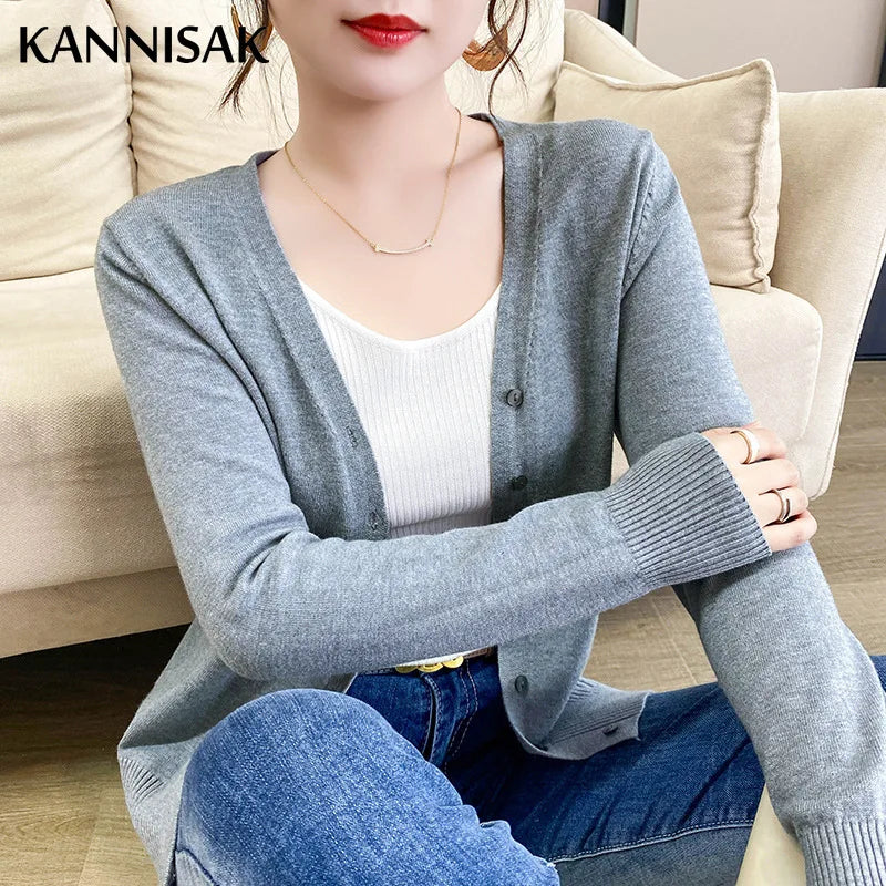 Spring Autumn Women Cardigans Loose Solid Single Breasted V-neck Pink Red Fashion Cardigan Jumpers Knitwear 2025