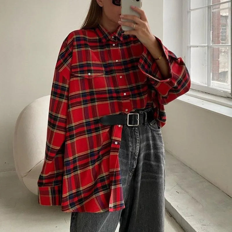 Plaid Shirts for Women Casual Button Down Flannel Shirt Plus Size Roll Up Long Sleeve Checkered Blouse Tops